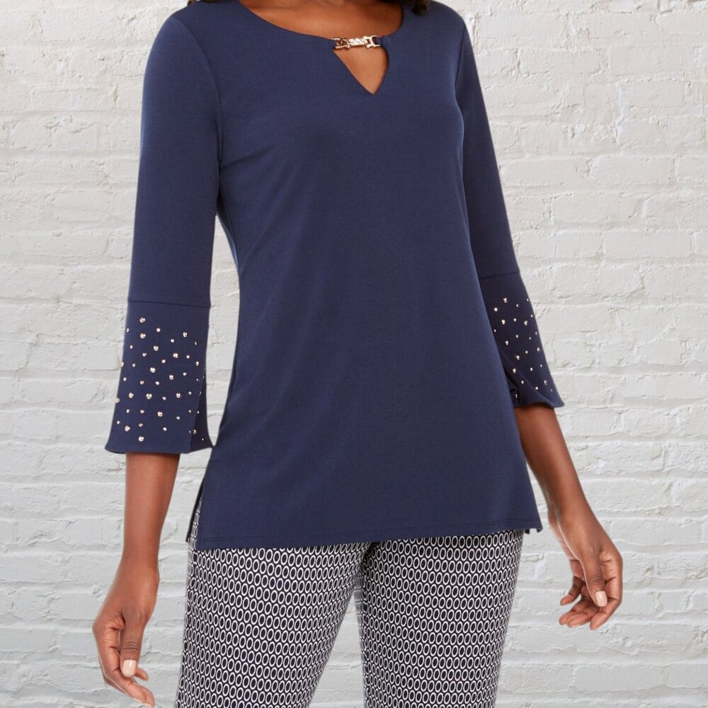JM COLLECTION Women's Navy Embellished 3/4 Sleeve Keyhole Top Navy Size XL EUC